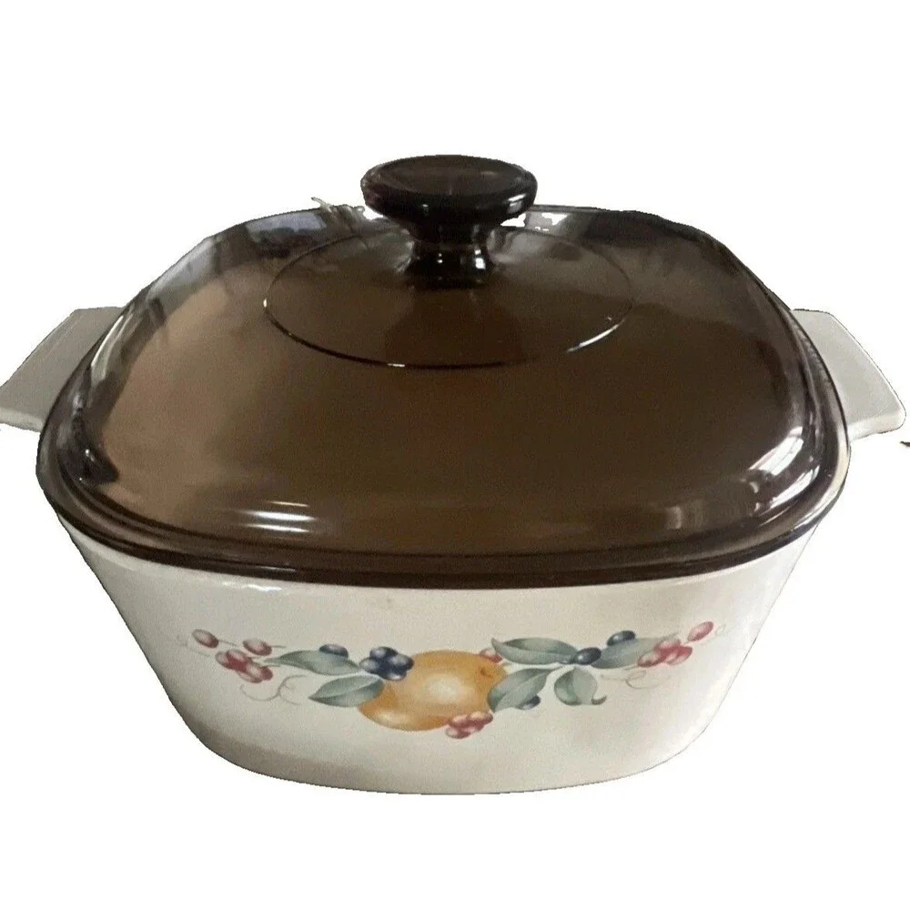 Vintage Corning Ware Abundance Pattern Casserole Set with Amber Lids (8 Pieces)